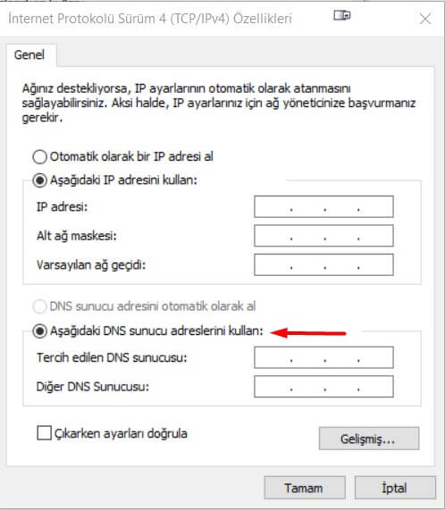 aşağıdaki dns sunucu adreslerini kullan